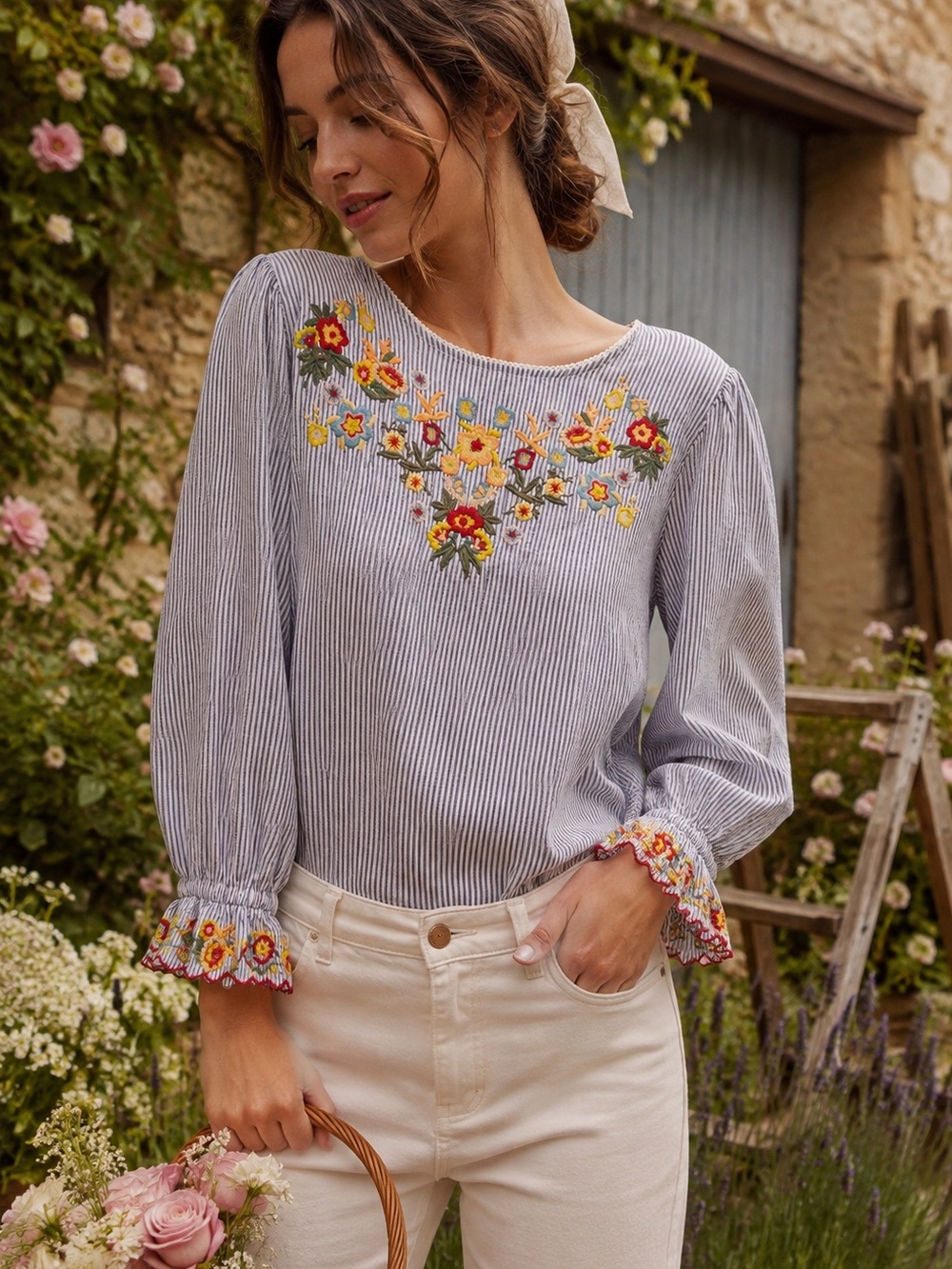 Chelsea & Theodore Embroidered Floral Stripe Peasant Blouse 100 % Cotton Boho